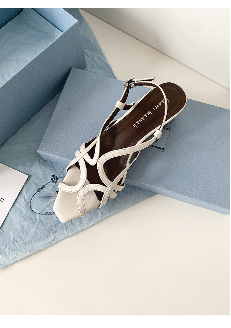 Karin Luna French Hollow Style Small Square Toe Chunky Heel Sandals