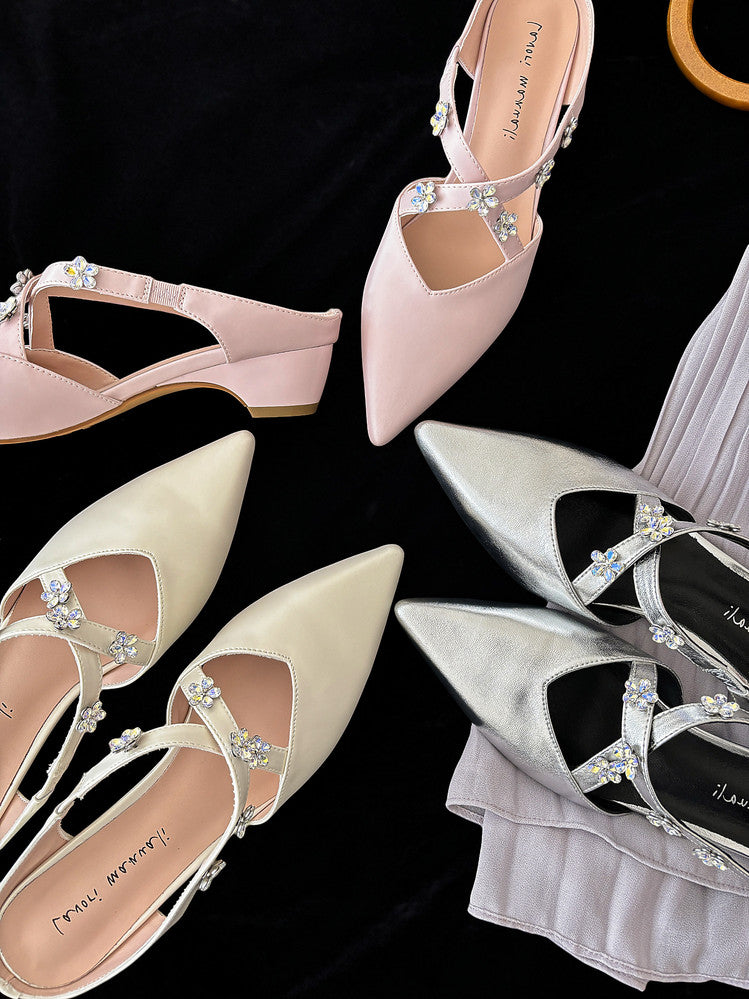 Karin Luna Elegant Pointed Toe Rhinestone Flower High Heel Mules