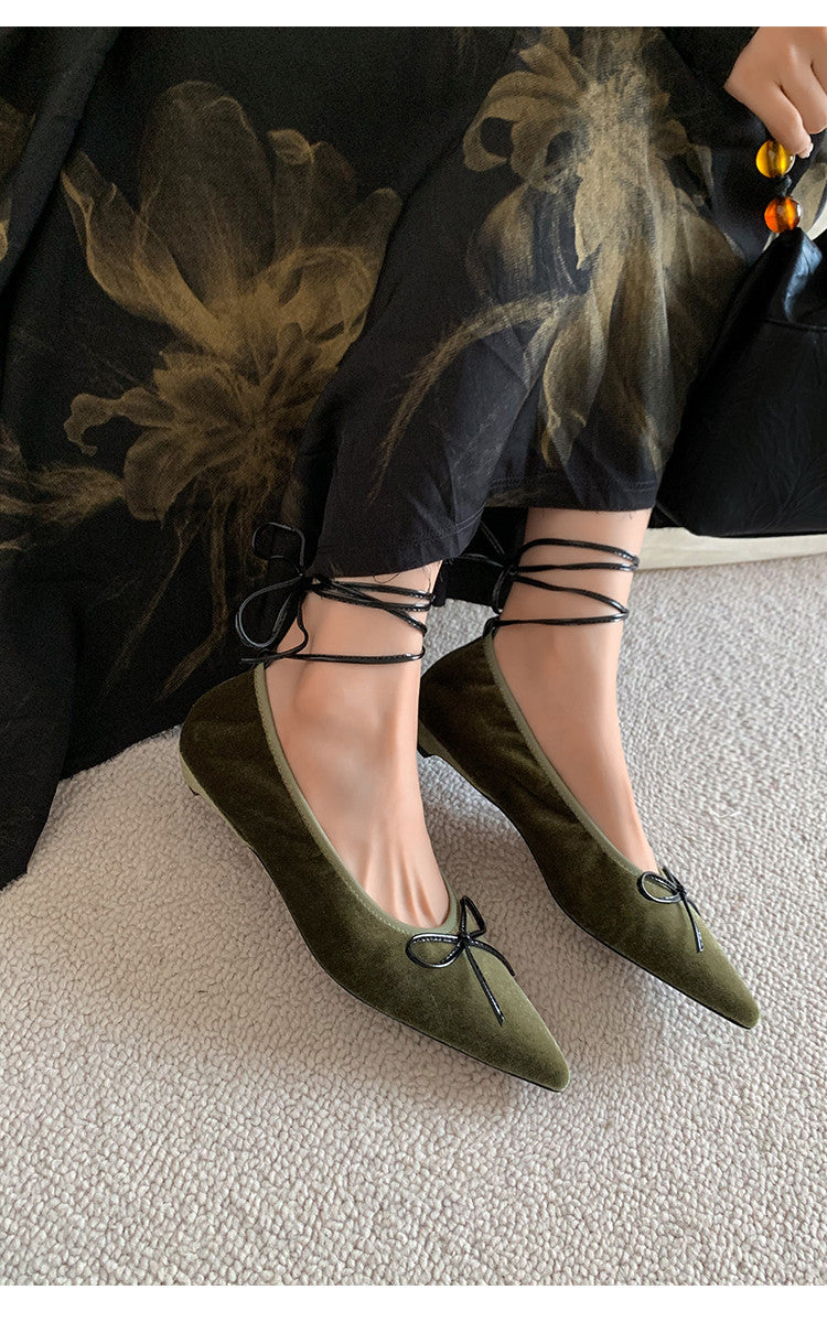 Karin Luna In Stock In Stock Retro Velvet Pointed Toe Bowknot Single Shoes