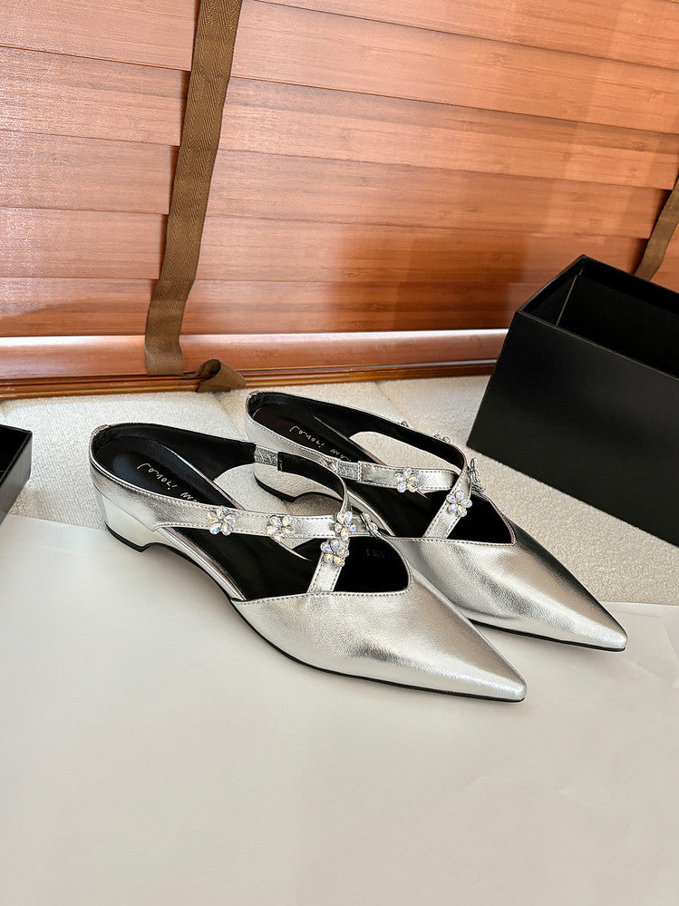 Karin Luna Elegant Pointed Toe Rhinestone Flower High Heel Mules