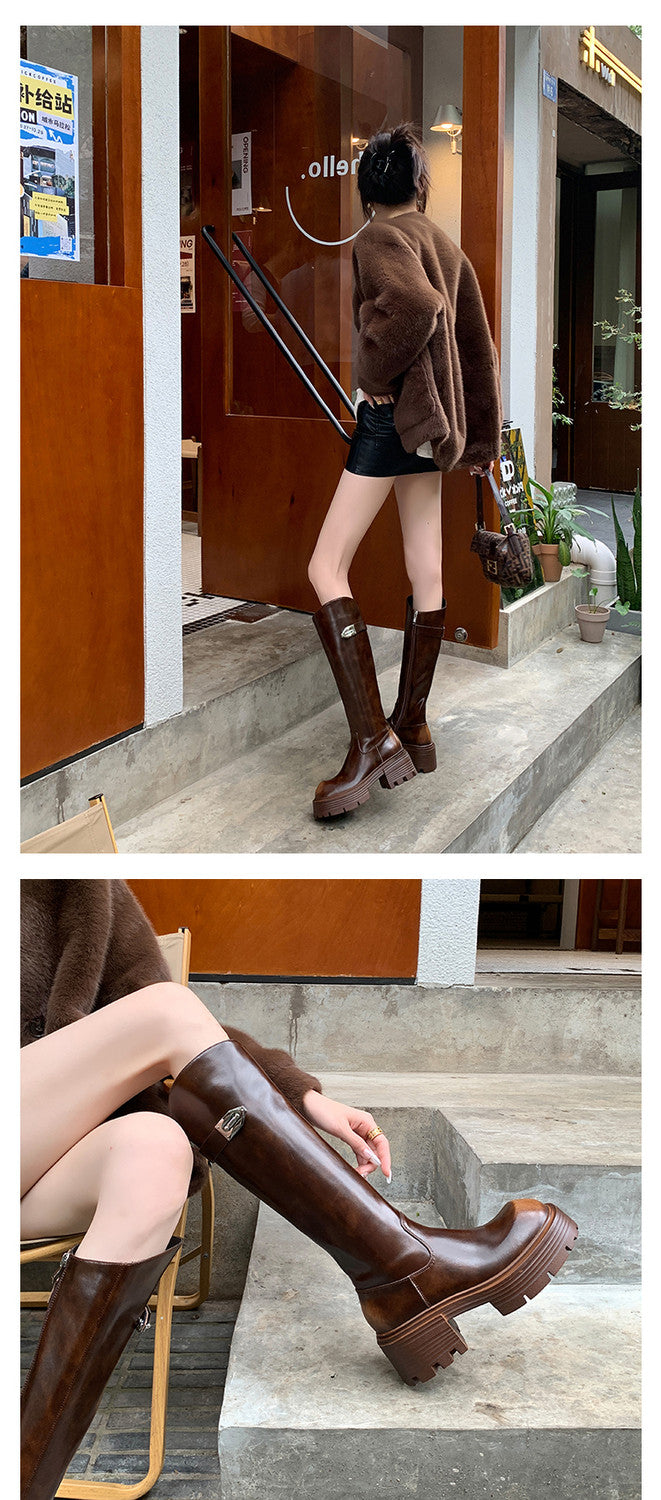 Karin Luna In Stock In Stock  Round Toe Thick Sole Belt Buckle Side Zipper Knight Boots