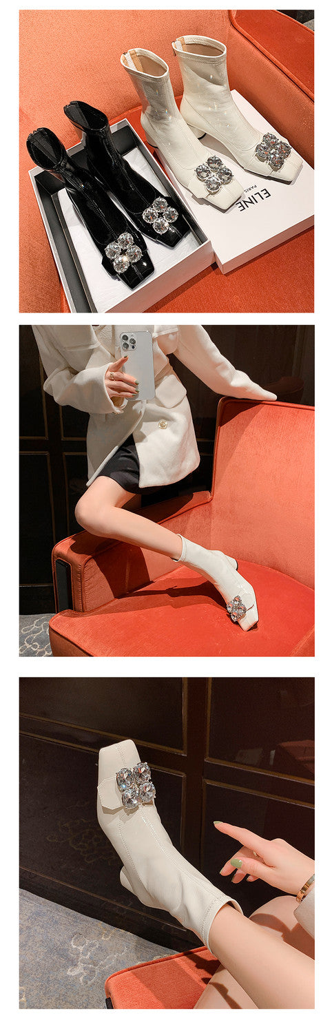 Karin Luna In Stock  Elegant Style Square Toe Rhinestone Chunky Heel Ankle Boots