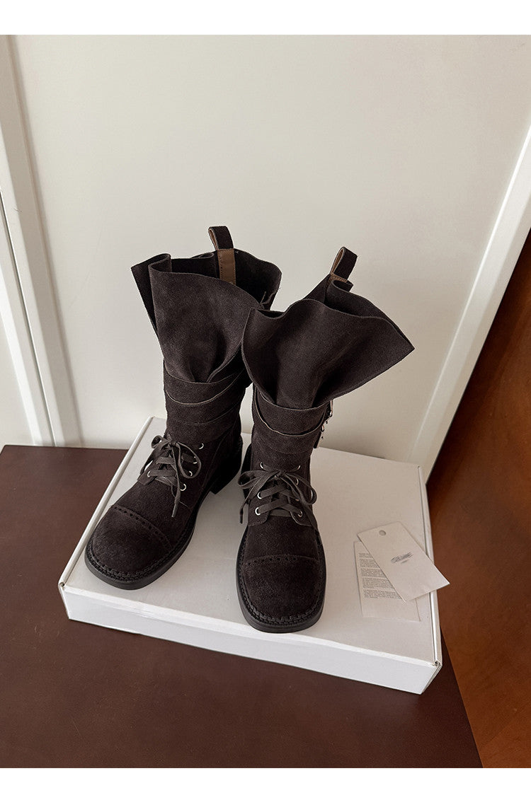 Karin Luna Bestseller Hot-Selling Large Tube Leather Belt Buckle Round Toe Thick-Soled Short Boots