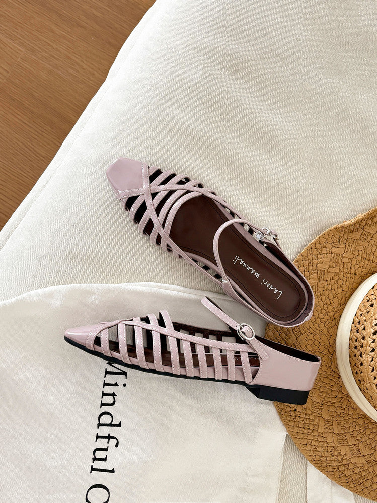 Karin Luna In Stock Spot Goods   French Retro Hollow Small Square Toe One-Strap Slippers