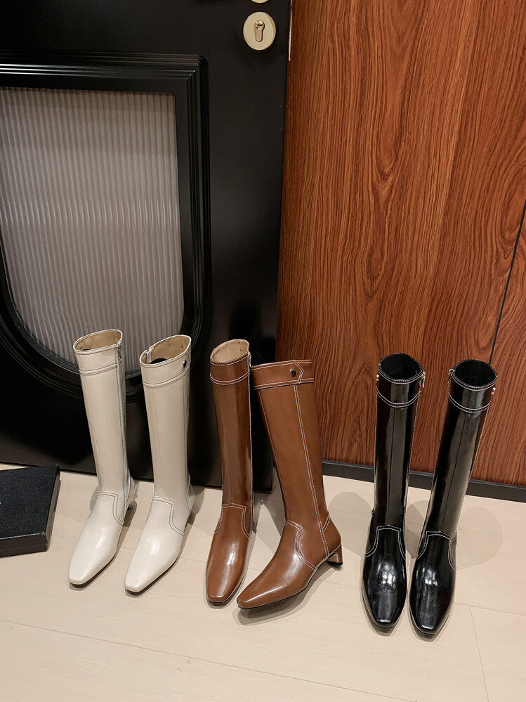 Karin Luna In Stock Spot Goods  Vintage Open Stitch Small Square Toe High Heel Side Zipper Riding Boots