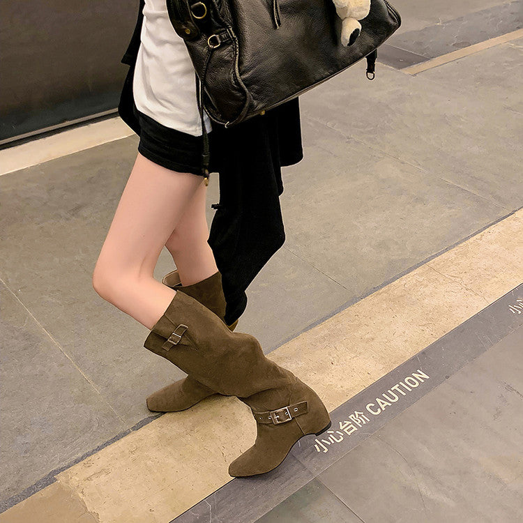 Karin Luna Data Model Belt Buckle Matte Square Toe Hidden Wedge Slouch Western Boots