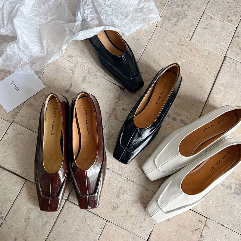 Karin Luna In Stock Spot Goods  Retro Full Leather Square Toe Shallow Mouth Single Shoes