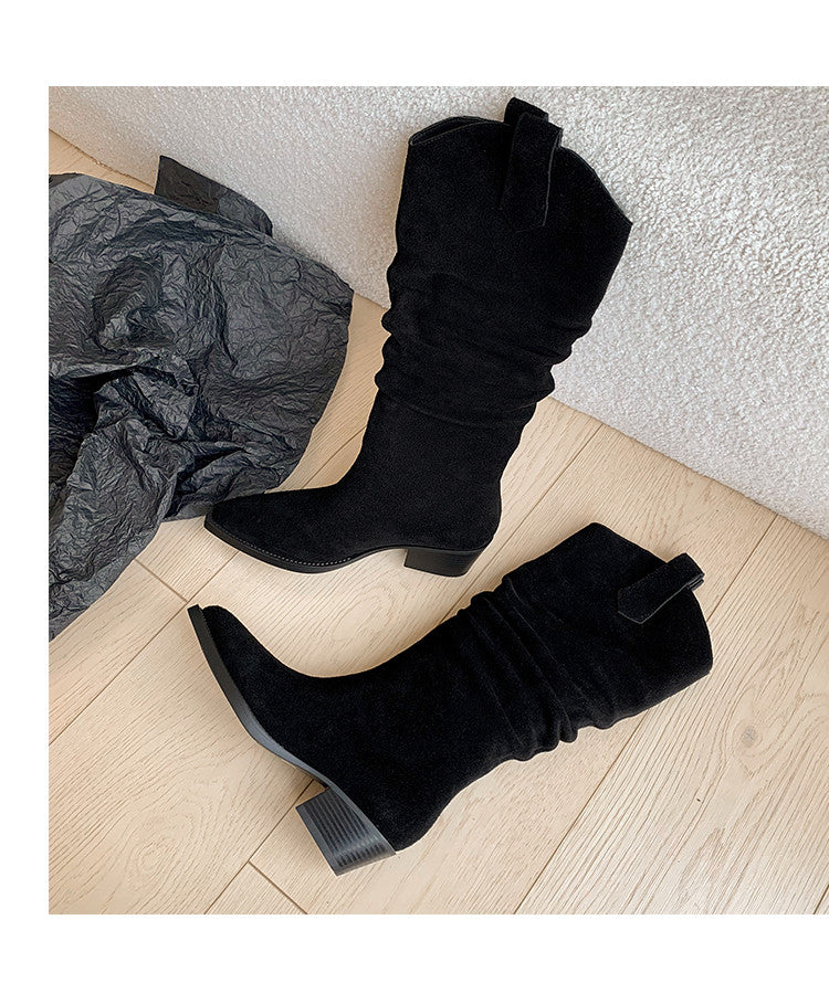 Karin Luna Elegant Style  Pointed Toe Wrinkled Wide Western Boots