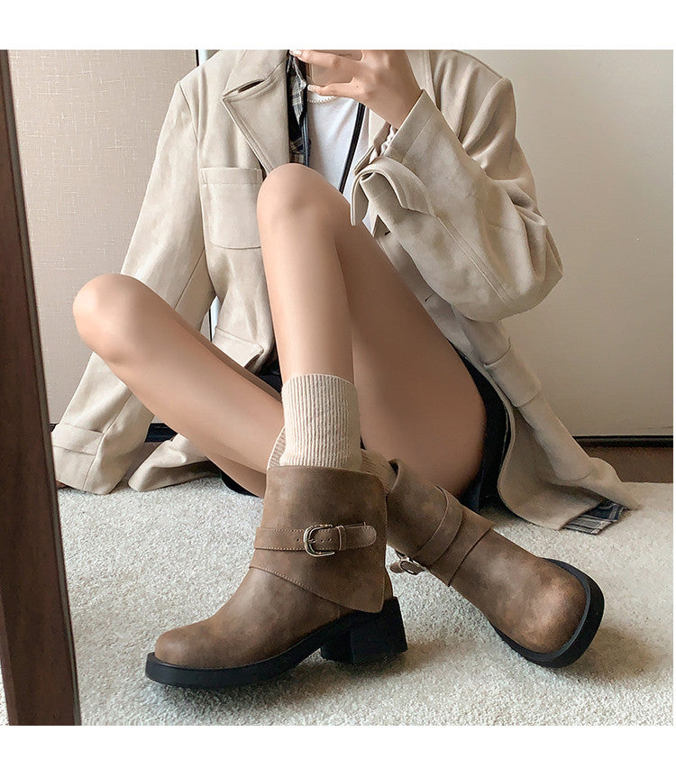 Karin Luna In Stock Spot Goods Versatile Basic Round Toe Belt Buckle Thick Sole Tube Boots
