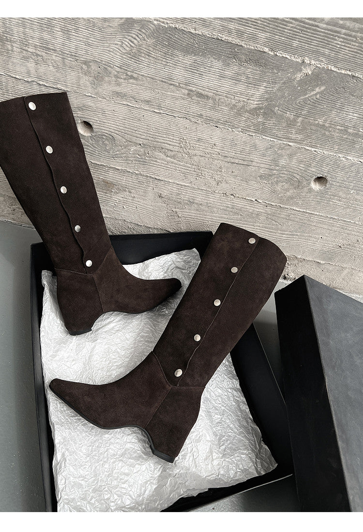 Karin Luna Bestseller Hot-Selling Hidden Buckle Lazy Style Square-Toe Height-Increasing Suede Western Boots