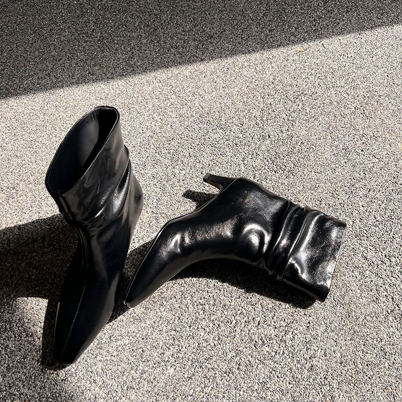 Karin Luna In Stock Spot Goods  Retro Wrinkled Small Square Toe Short Boots