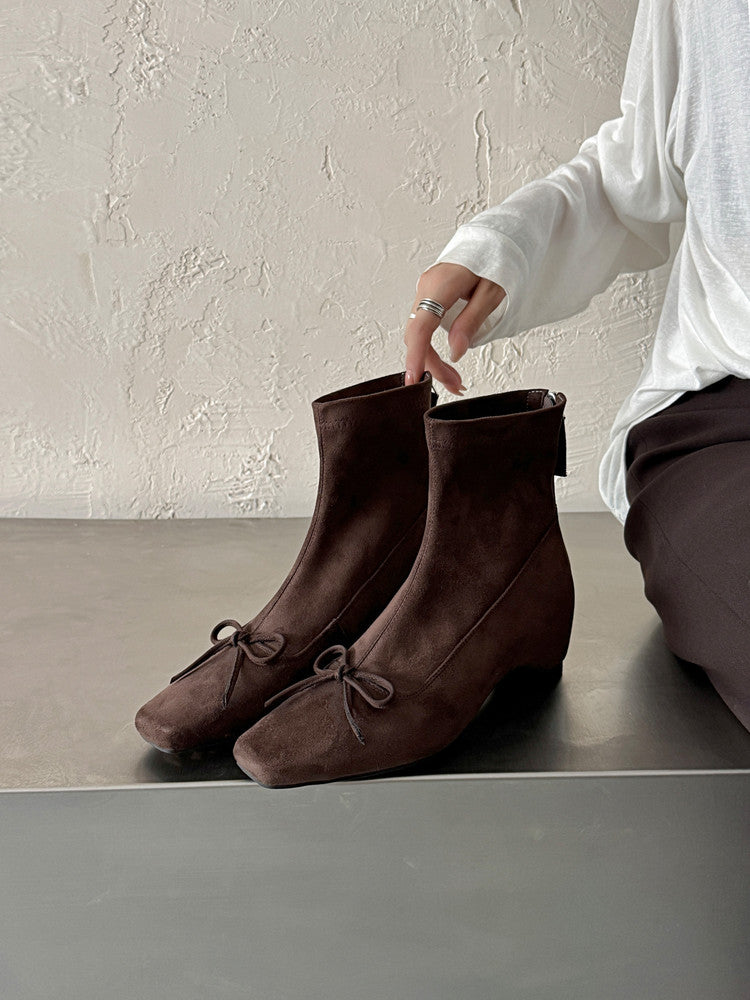 Karin Luna French Style Square Toe Bowknot Hidden Wedge Slim Boots