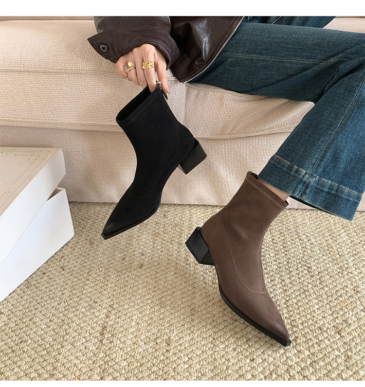 Karin Luna In Stock In Stock Elastic Slim Pointed Toe Chunky Heel Basic Ankle Boots