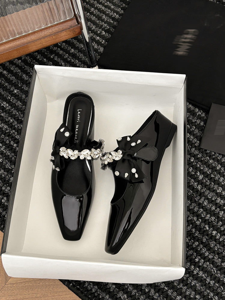 Karin Luna Handmade One-Strap Rhinestone Ribbon Square-Toe Mules