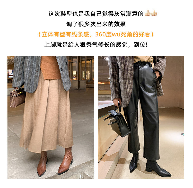 Karin Luna Elegant Style Pointed Toe Chunky Heel Short Boots