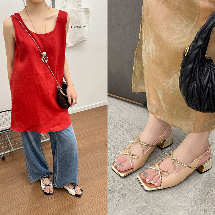 Karin Luna In Stock Spot Goods Square Toe Double Bow Thick Heel Sandals
