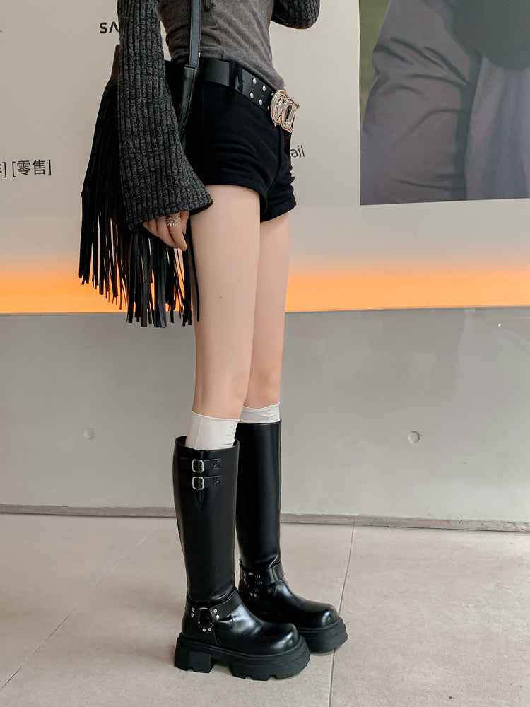 Karin Luna In Stock In Stock  Classic Casual Style Belt Buckle Thick Sole Round Toe Knight Boots Thick Sole