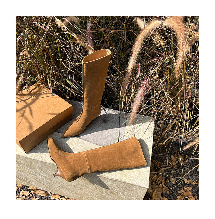 Karin Luna In Stock Spot Goods Retro Cowhide Pointed Toe Stiletto Elegant Long Boots