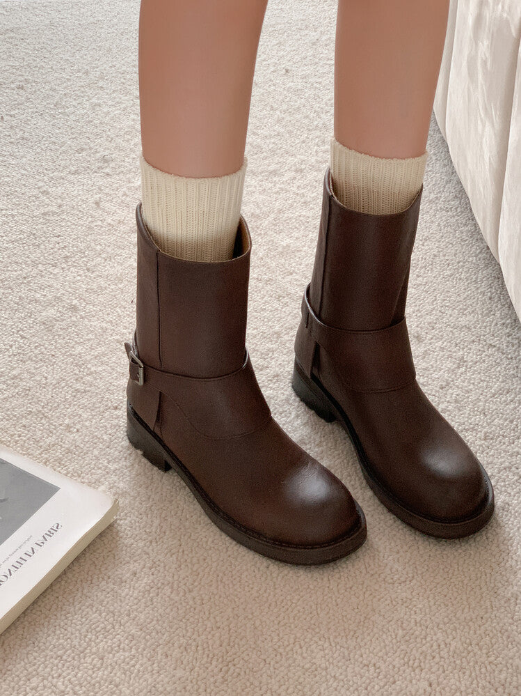 Karin Luna Belt Buckle Chunky Heel Fashion Short Boots