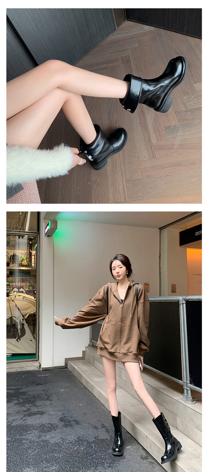Karin Luna Classic Basic Style   Convertible Foldable Hidden Buckle Snow Fur Shoes Full cowhide Basic Flat Short Boots