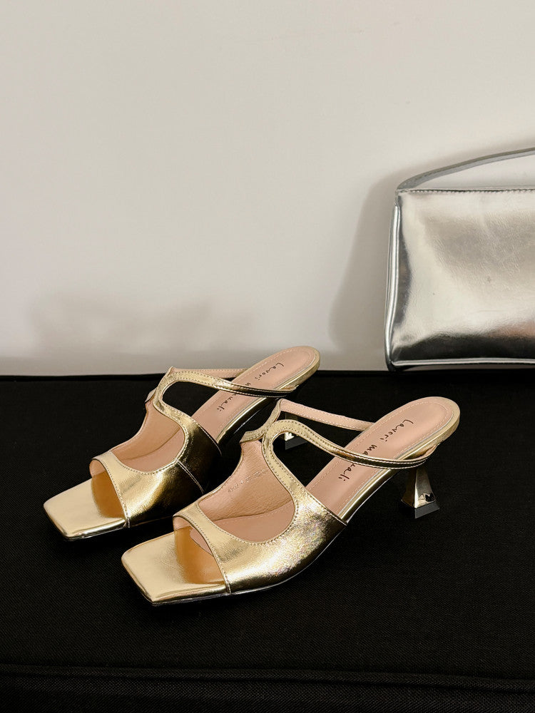 Karin Luna French Retro Square Toe Wrap Strap Open-Toe Slippers