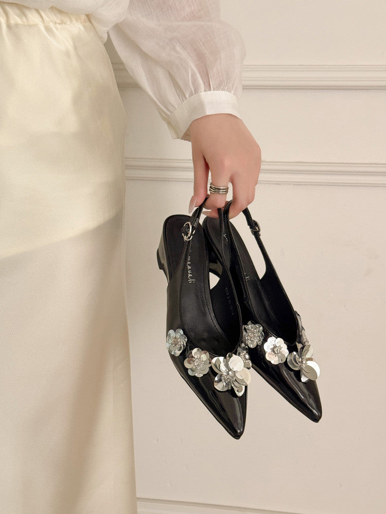 Karin Luna In Stock In Stock  Sequin Floral Pointed Toe Chunky Heel Closed-Toe Sandals