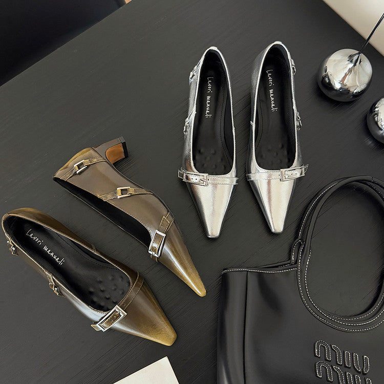 Karin Luna In Stock In Stock Retro Belt Buckle Small Square Toe Chunky Heel Single Shoes