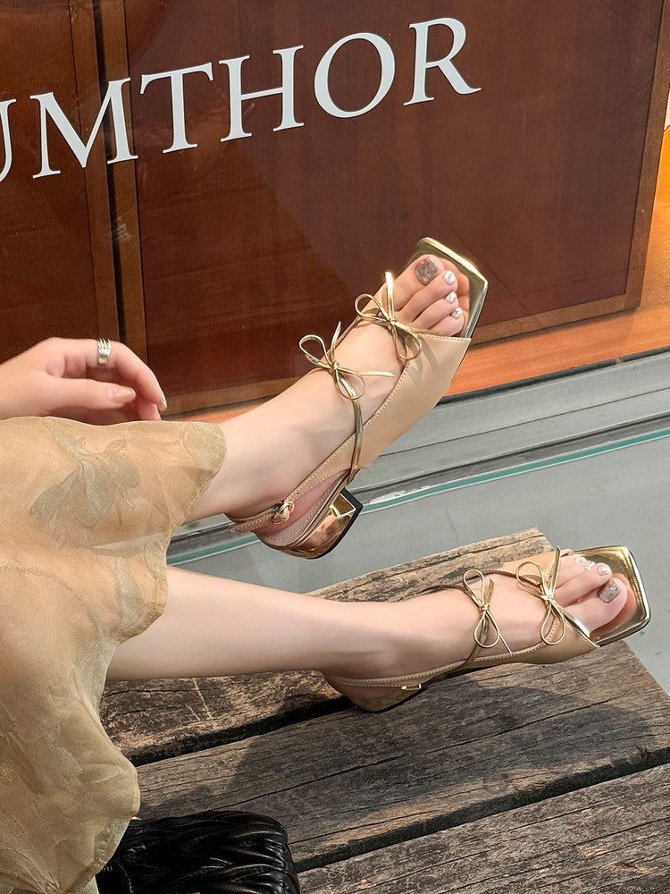 Karin Luna In Stock Spot Goods Square Toe Double Bow Thick Heel Sandals