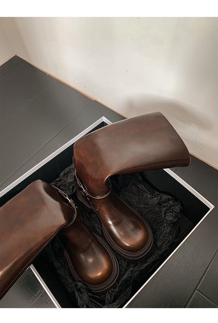Karin Luna In Stock In Stock  Classic Casual Style Belt Buckle Thick Sole Round Toe Knight Boots Thick Sole