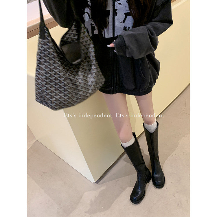 Karin Luna Basic Versatile Style Round Toe Chunky Heel Long Boots