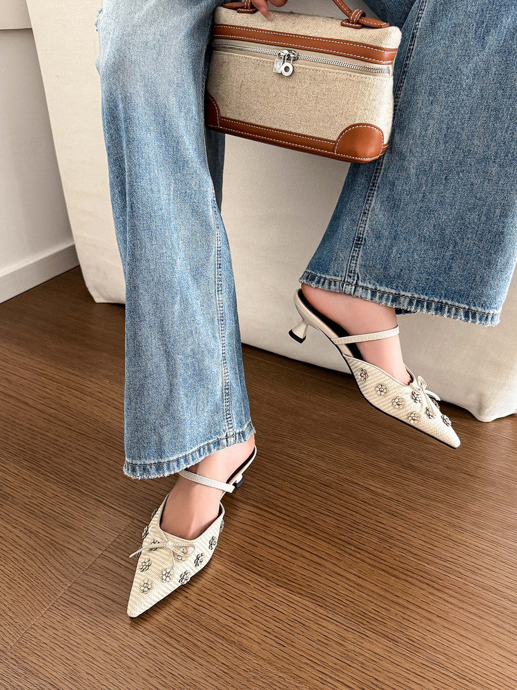 Karin Luna In Stock Spot Goods  Elegant Floral Pointed Toe Rhinestone Slippers