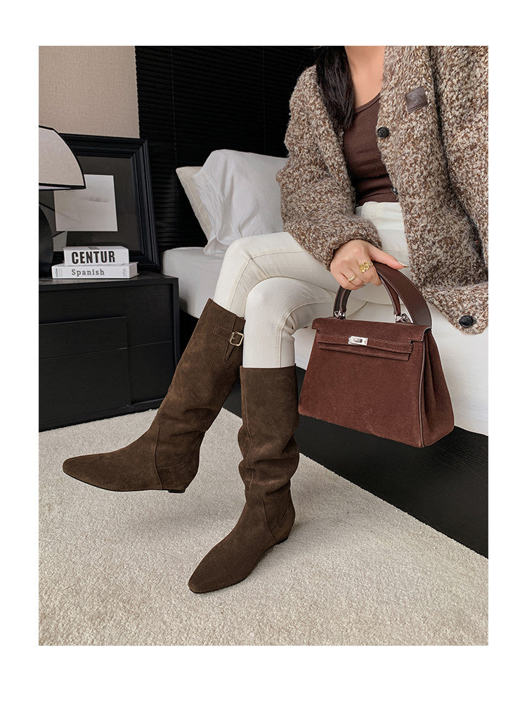 Karin Luna In Stock Spot Goods Vintage Cowhide Leather Chunky Heel Height Increasing Long Boots