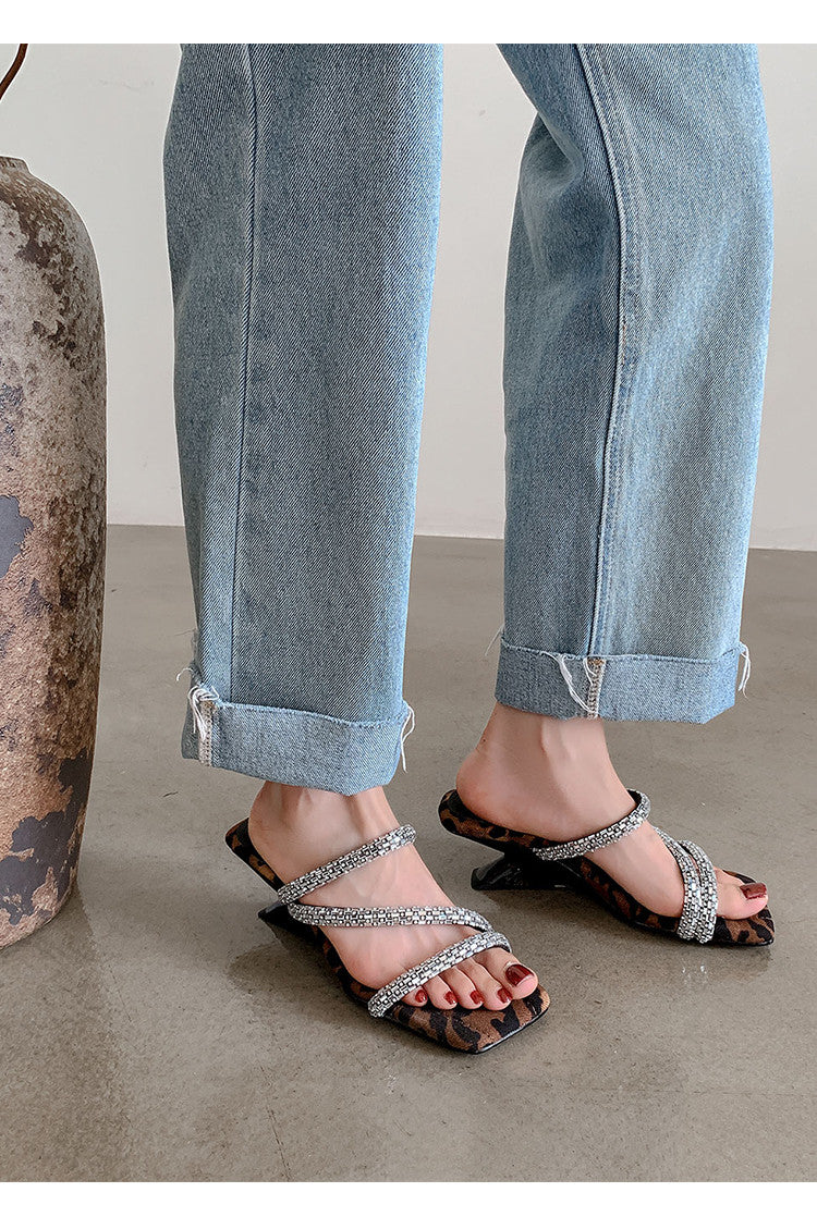 Karin Luna In Stock Spot Goods  Rhinestone One-Strap Irregular Heel Square-Toe Slippers