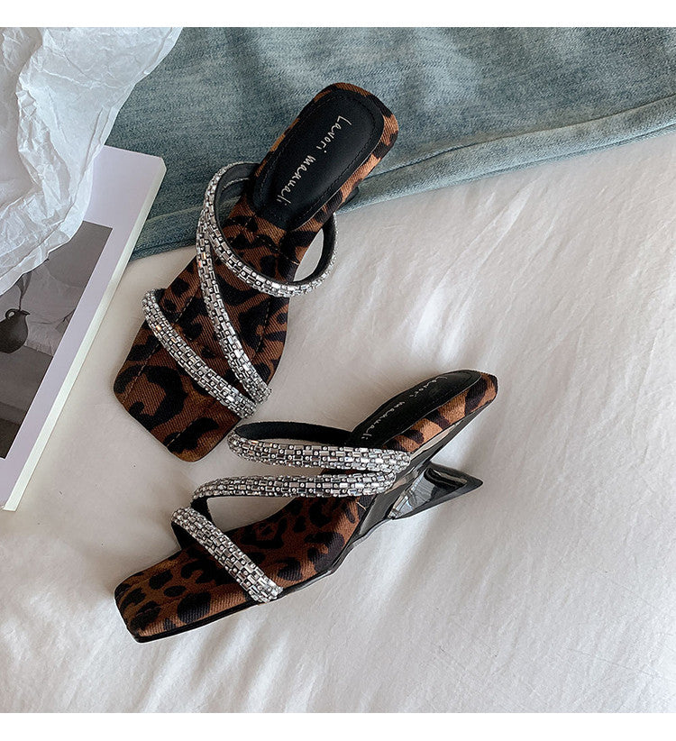 Karin Luna In Stock Spot Goods  Rhinestone One-Strap Irregular Heel Square-Toe Slippers
