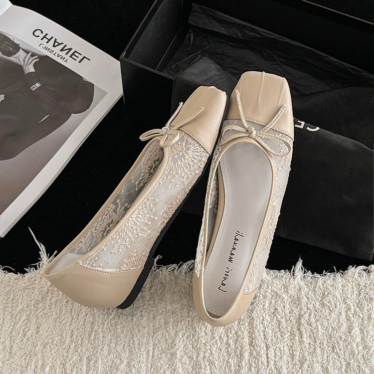 Karin Luna In Stock In Stock  Wrinkled Square Toe Patchwork Breathable Mesh Bow Granny Shoes