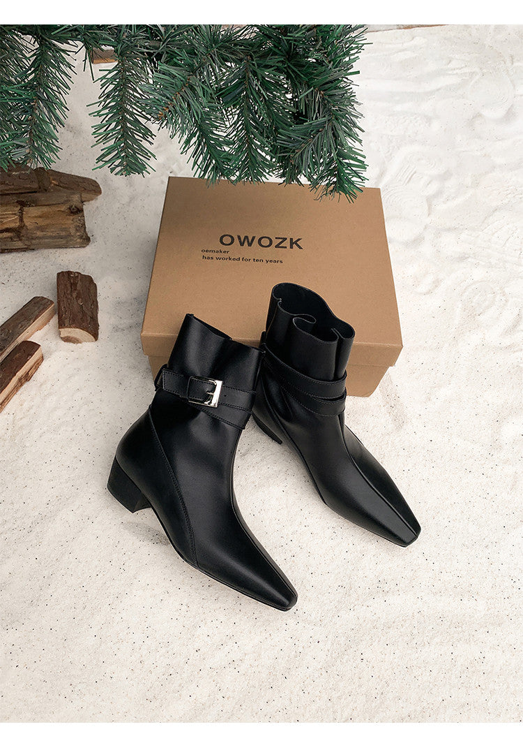 Karin Luna In Stock Spot Goods  Best-selling in stock Data Hot-Selling Small Square-Toe Chunky Heel Cowhide Leather Short Boots