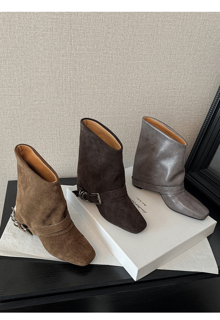 Karin Luna Data Hot Item Square Toe Hidden Wedge Belt Buckle Suede Ankle Boots