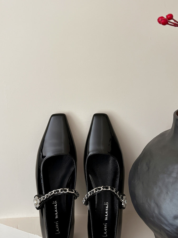 Karin Luna In Stock In Stock ~Metal One-Strap Pearl Small Square Toe Height-Increasing Flats