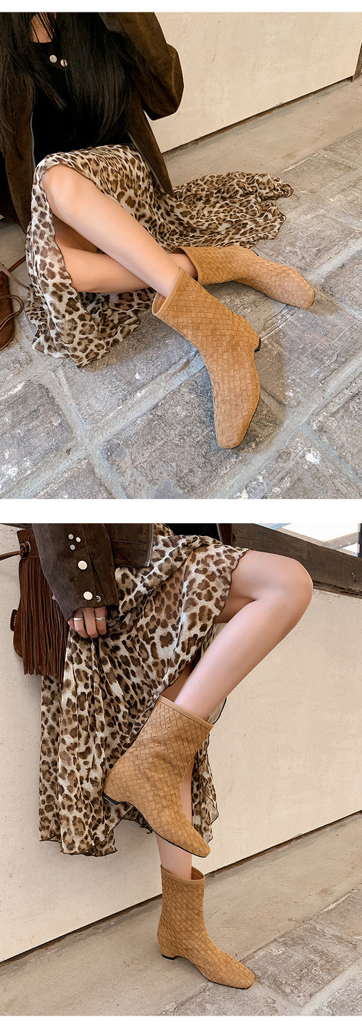 Karin Luna Handmade Woven Fabric Small Square Toe Hidden Heel Short Boots