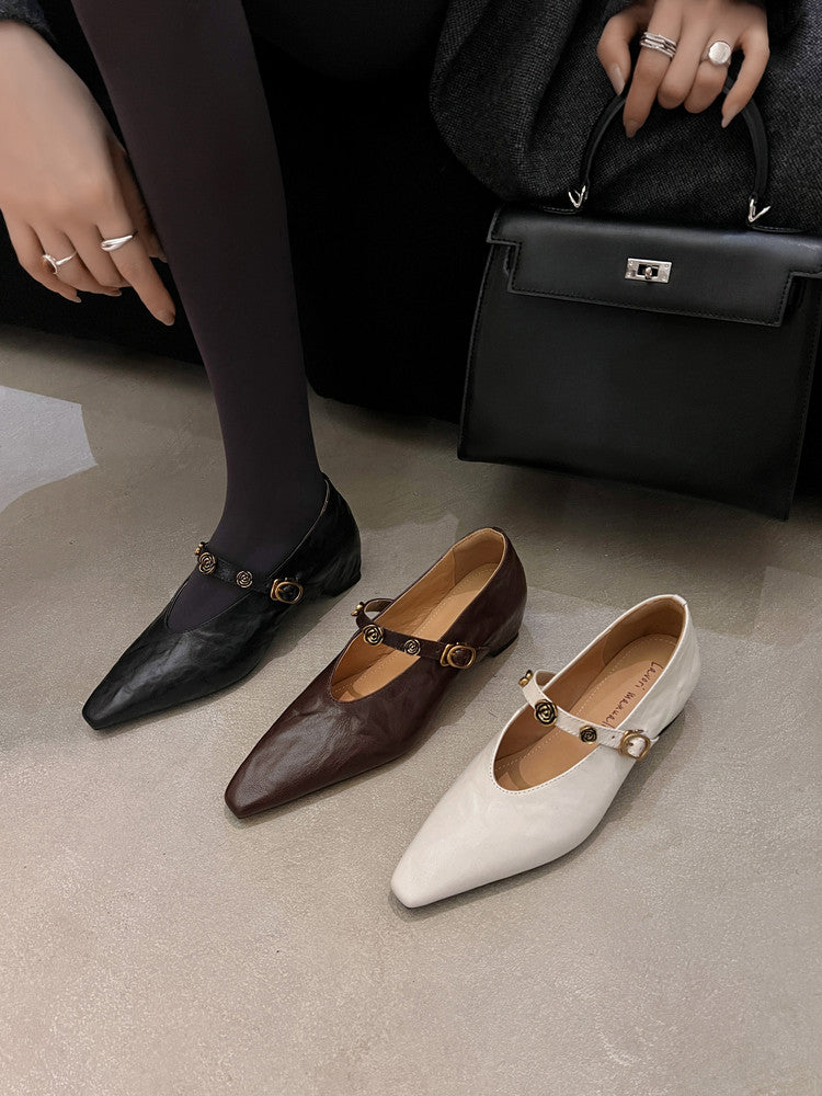 Karin Luna In Stock Spot Goods    Retro Classic Metal Camellia Irregular Heel Single Shoes