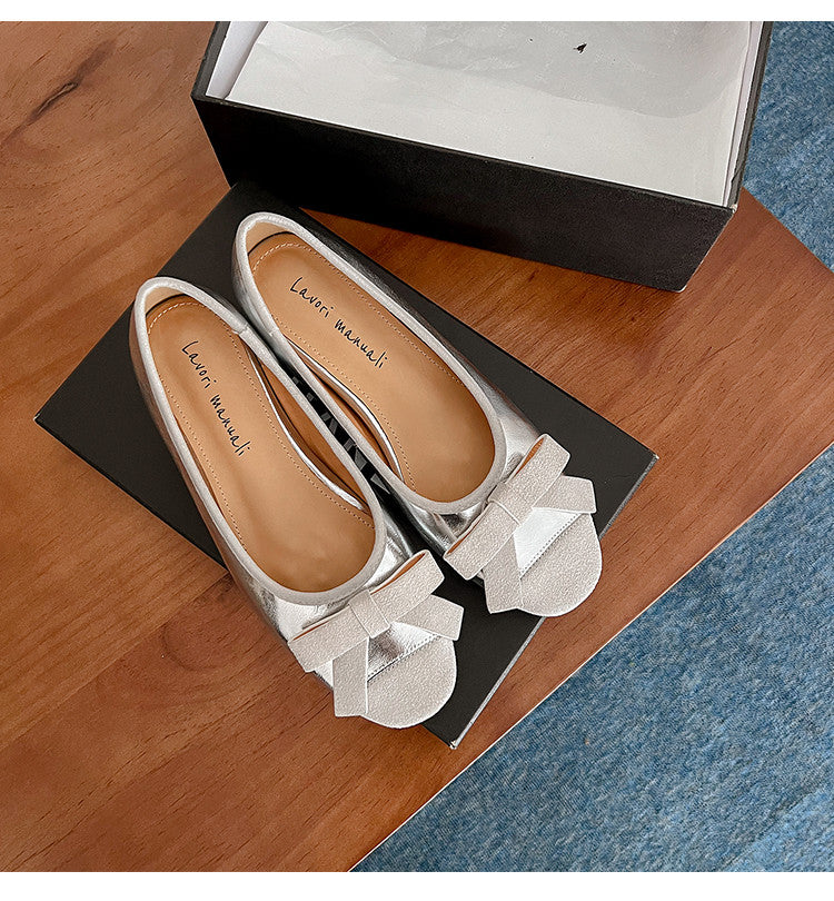 Karin Luna In Stock Spot Goods    Color Block Sweet Bowknot Hidden Wedge Shallow Mouth Flats