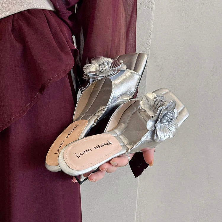 Karin Luna In Stock Spot Goods Camellia Classic style retro square toe shaped heel slippers