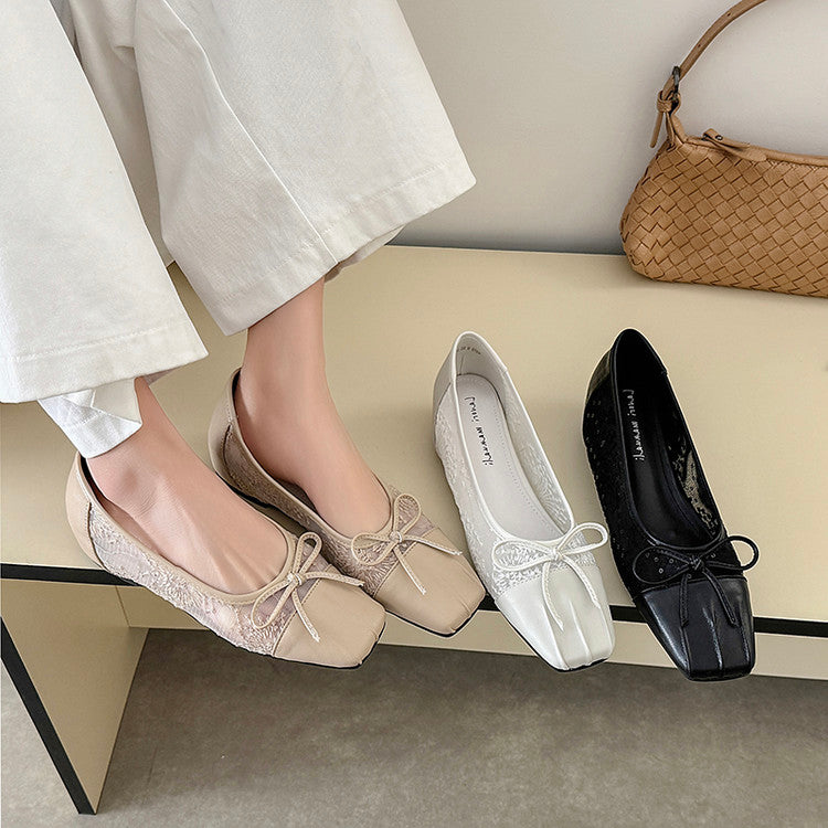 Karin Luna In Stock In Stock  Wrinkled Square Toe Patchwork Breathable Mesh Bow Granny Shoes