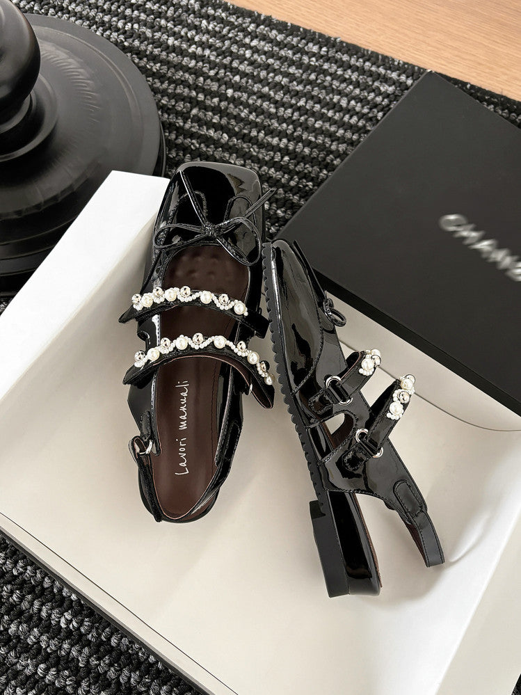 Karin Luna In Stock In Stock  Square Toe Bowknot Pearl Strap Closed-Toe Sandals