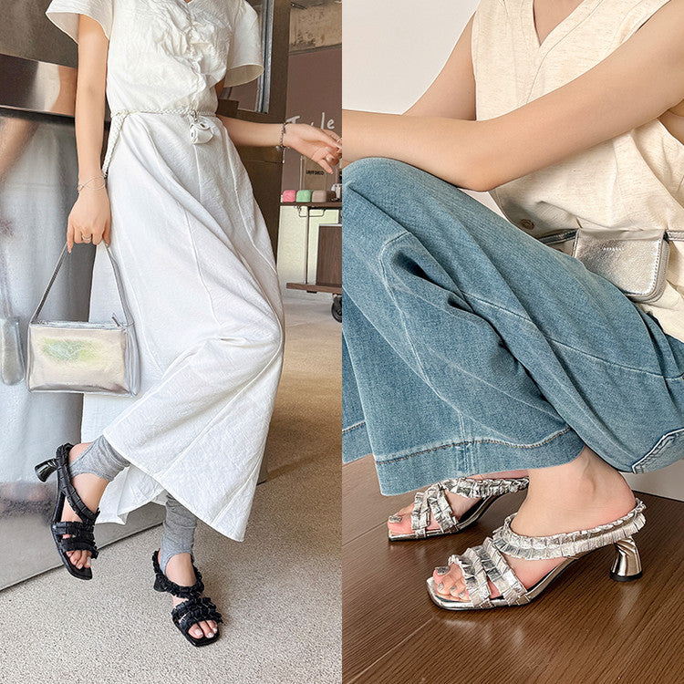 Karin Luna In Stock  Spot Goods  Unique Square-Toe Pleated Lace Sandals