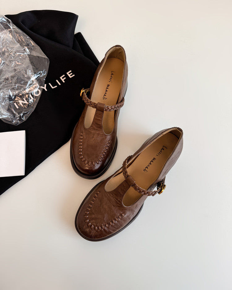 Karin Luna In Stock Spot Goods Vintage Braided Twist High Heels T Round Toe Thick Sole Single Shoes