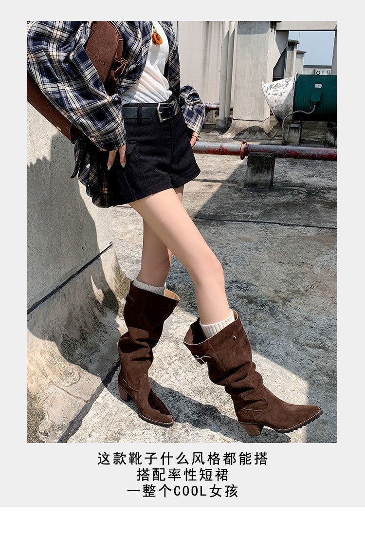 Karin Luna In Stock Spot Goods Retro Cowhide Leather Chunky Heel Suede Long Boots