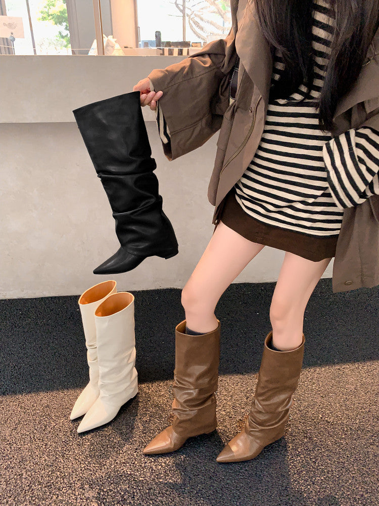 Karin Luna Elegant Style Pointed Toe Hidden Wedge Long Boots
