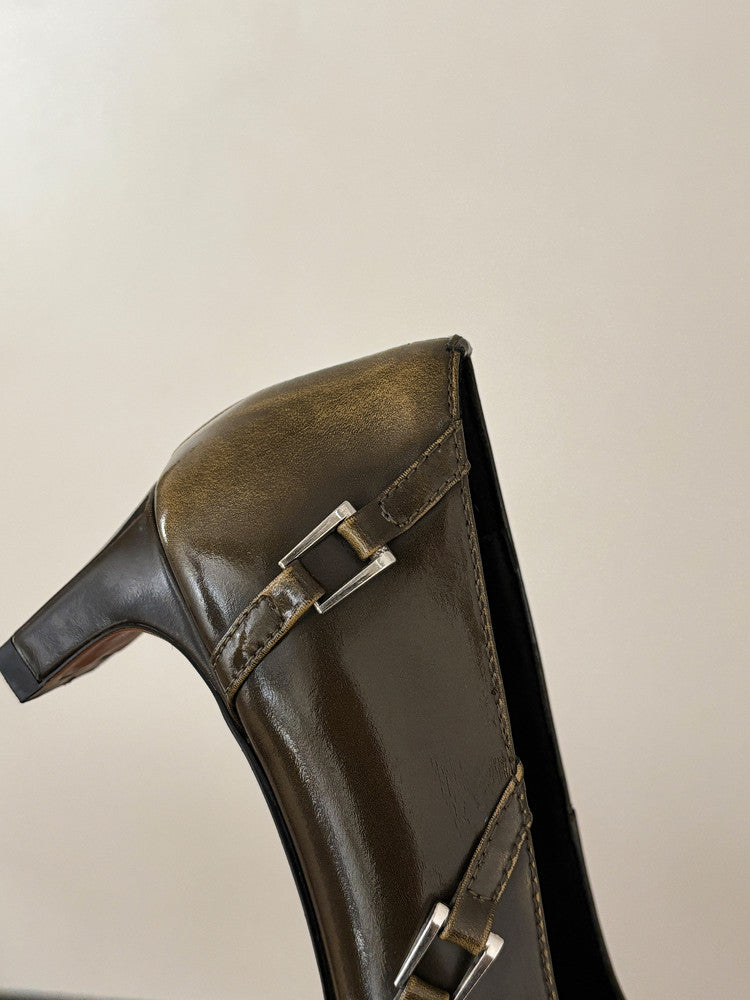Karin Luna In Stock In Stock Retro Belt Buckle Small Square Toe Chunky Heel Single Shoes