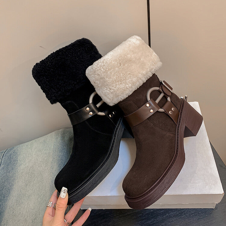 Karin Luna Genuine Lamb Wool and Cowhide Leather Hot-selling Metal Buckle Round Toe Chunky Heel Main Push Main Push